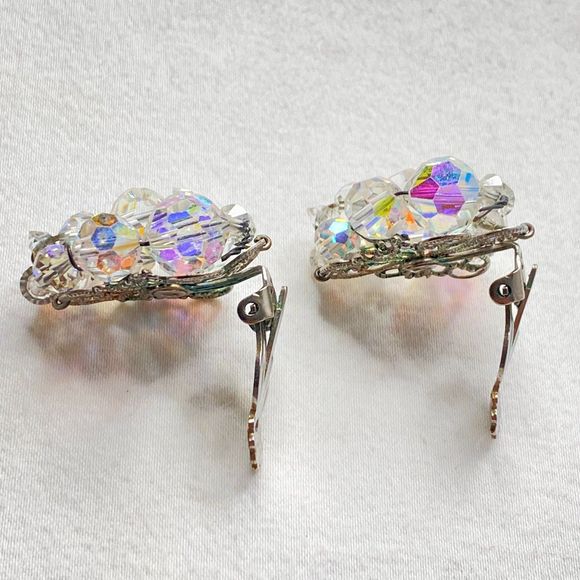 Clip On Stud Earrings Clear AB Faceted Ball Beads In Wired Clusters - Picture 7 of 10